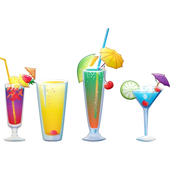 Cuadro minimalista de 4 copas con refrescos frutales de colores vivos y veraniegos.