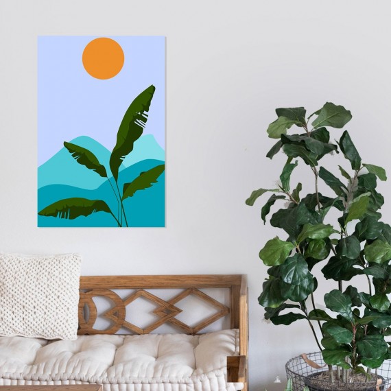 Cuadro ilustración de un paisaje con palmera y sol.
